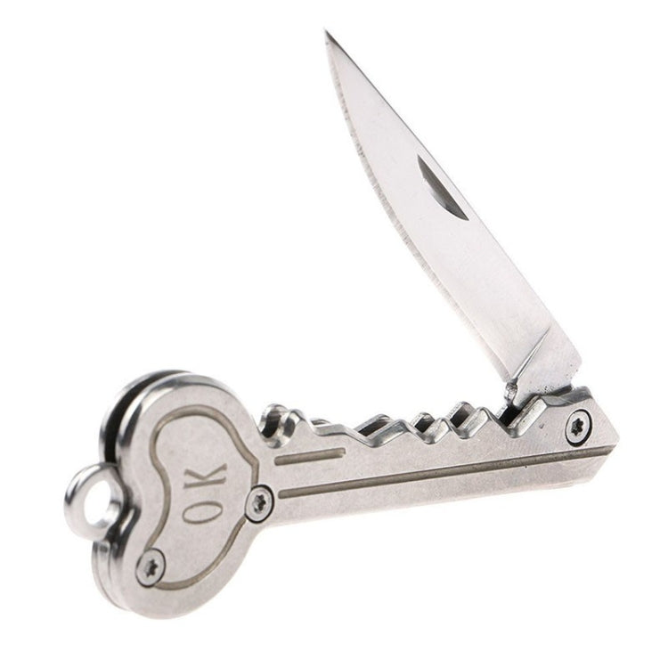 Stainless mini key knife keychain with heart-shaped handle and open blade