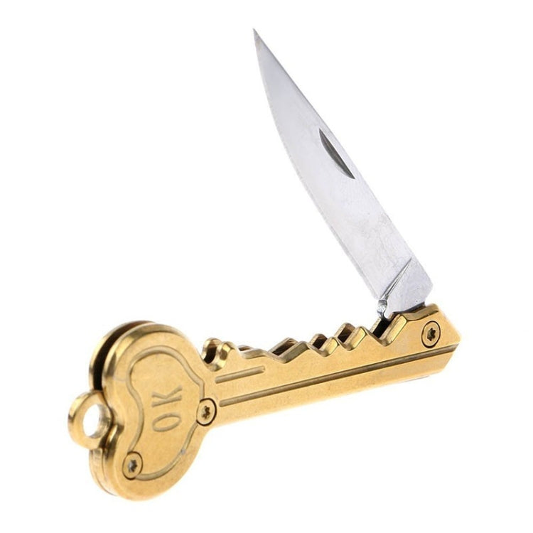 Gold mini key knife keychain with heart-shaped handle and open blade