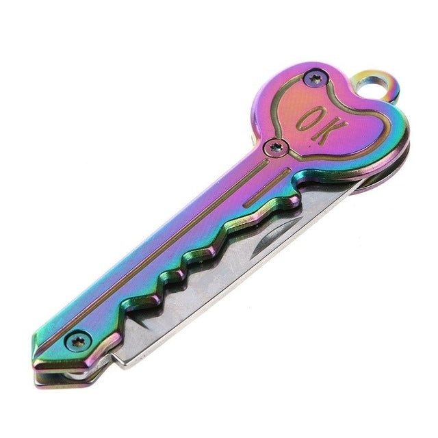Rainbow mini key knife keychain with heart-shaped handle and open blade