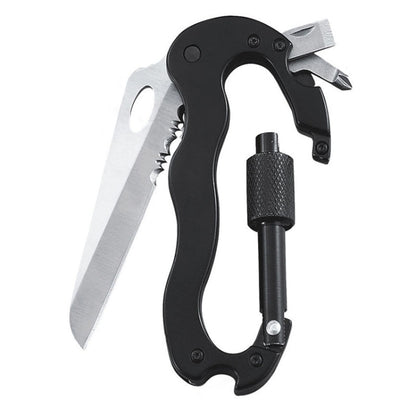 Black D-ring carabiner multitool keychain with knife and bottle opener.