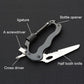 Black D-ring carabiner multitool keychain with screwdriver-style tool bits.