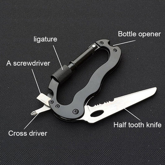 Black D-ring carabiner multitool keychain with screwdriver-style tool bits.