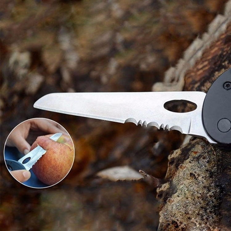 Black D-ring carabiner multitool keychain with extended knife blade.