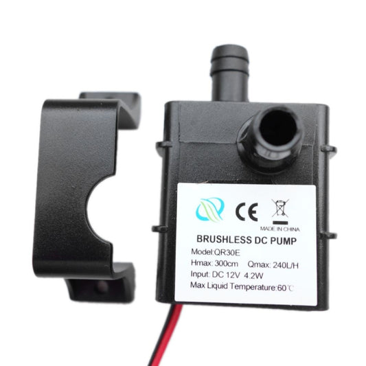 Mini submersible pump with outlet nozzle, label side, and red/black power wires