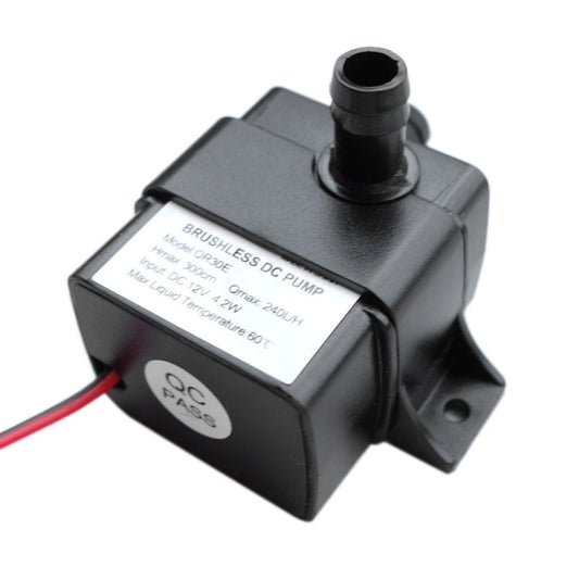 Mini submersible water pump, black housing with outlet nozzle and red/black power wires