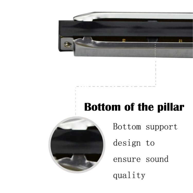 Harmonica end plate close-up with black comb and silver trim