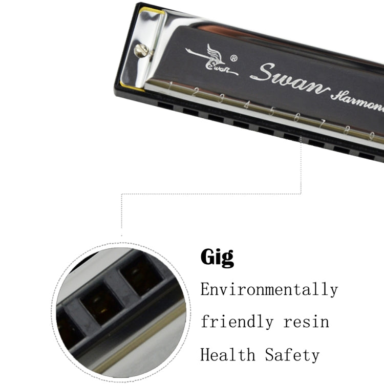Swan-branded 10-hole harmonica with engraved logo on silver cover