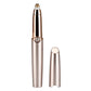 Rose gold electric eyebrow trimmer with protective cap, upright view