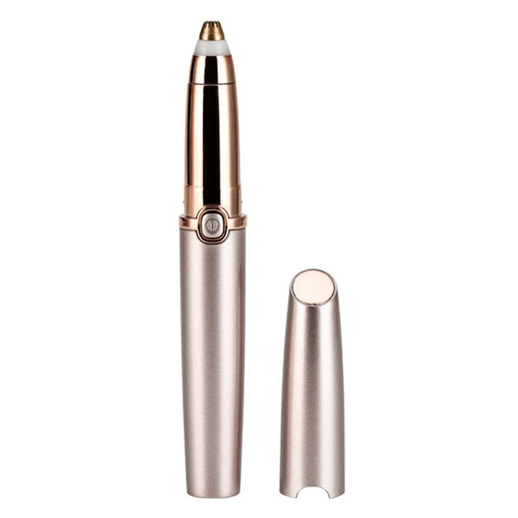 Rose gold electric eyebrow trimmer with protective cap, upright view