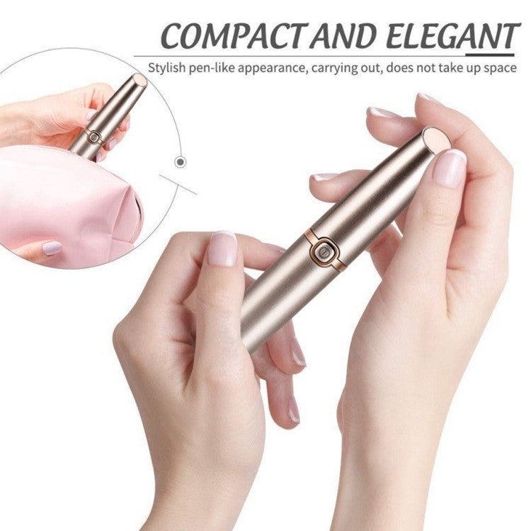 Rose gold electric eyebrow trimmer with pen-like body and protective cap
