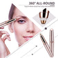 Rose gold electric eyebrow trimmer with conical grooming tip, angled view