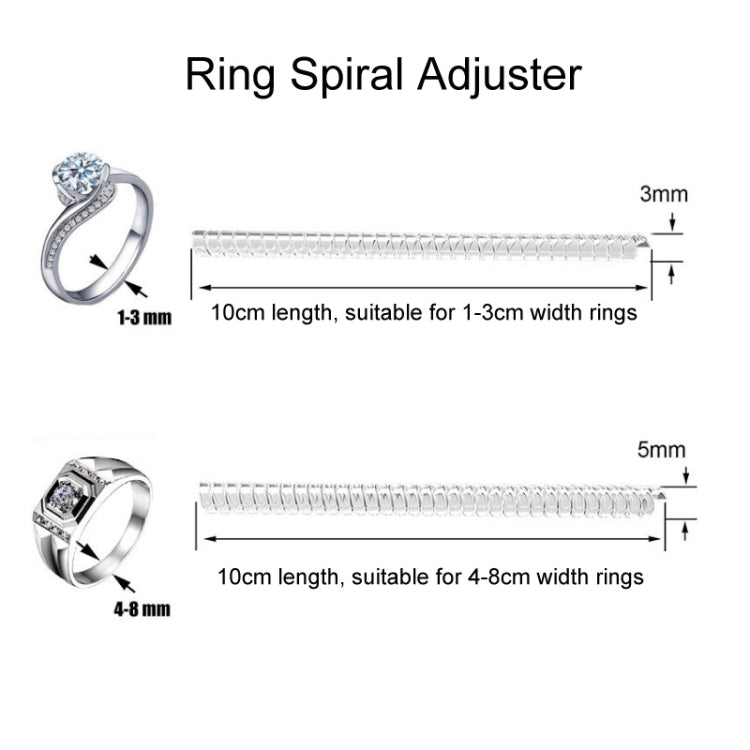 Ring spiral adjuster tool with coiled strip and sizing width indicators