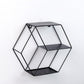 Black hexagonal wall shelf, open top and base tiers, front view