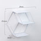 White hexagonal wrought-iron wall shelf with open tiers and size diagram