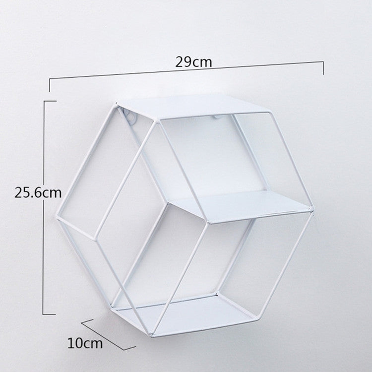 White hexagonal wrought-iron wall shelf with open tiers and size diagram
