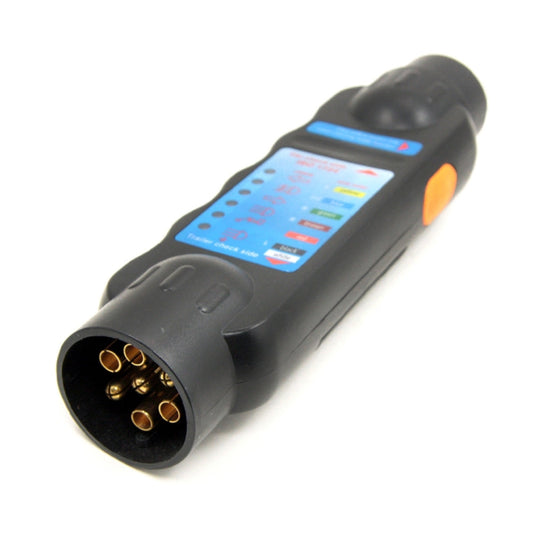 7-pin European trailer plug wiring tester, black handheld with blue ISO label