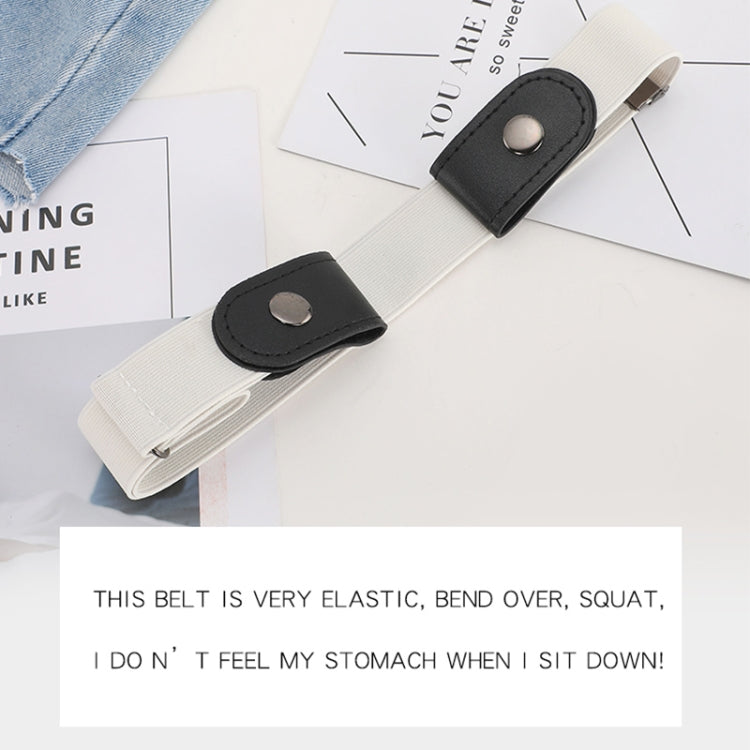 Off-white elastic strap waistband with black PU leather snap-tab closure