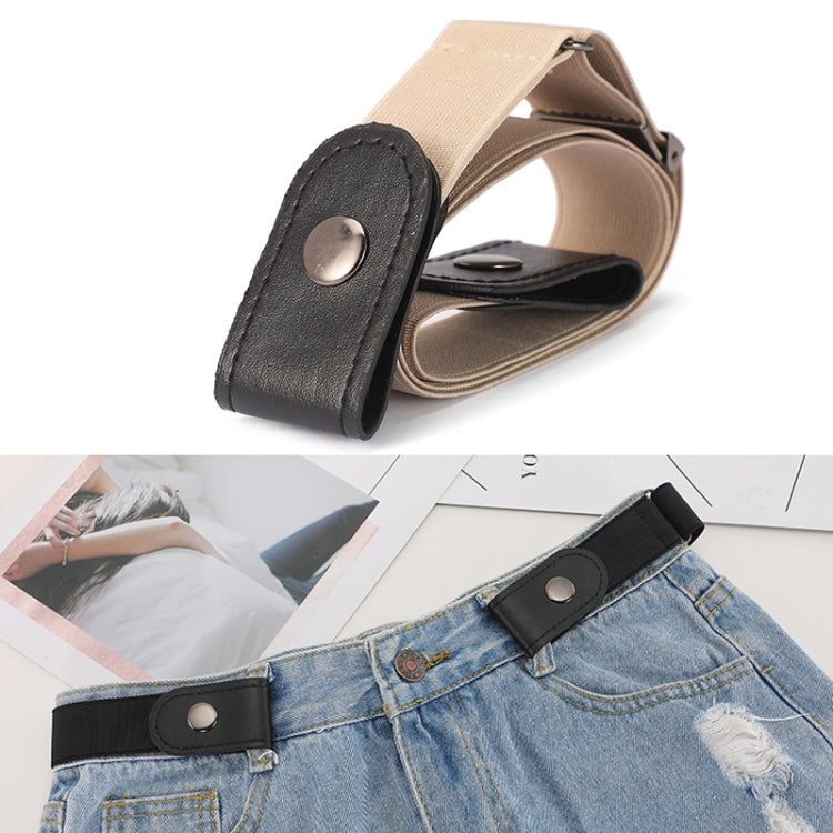 Khaki-beige elastic PU waistband with black leather snap-tab buckle-free end