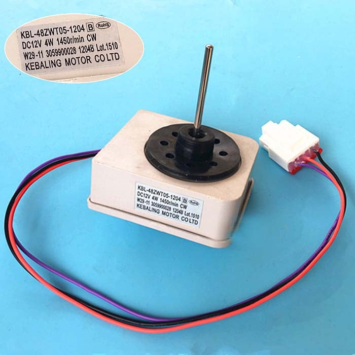 Refrigerator DC fan motor with black shaft and red/purple wire leads
