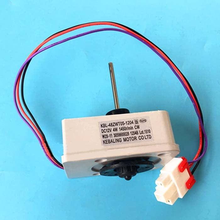 Refrigerator fan motor with prop shaft, wiring harness, and white plug connector