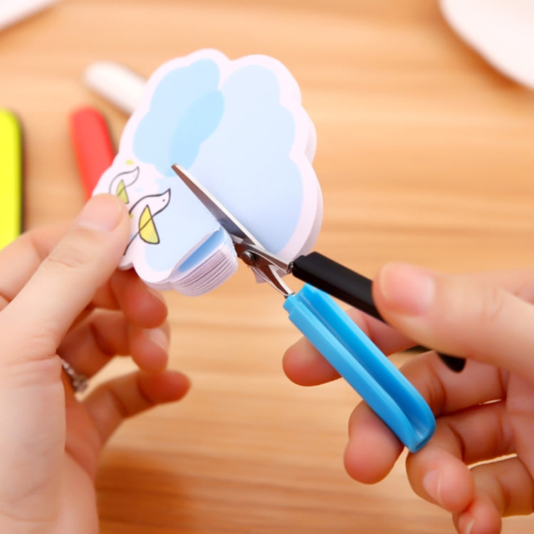 Blue folding safety mini scissors trimming paper with black blade and guard