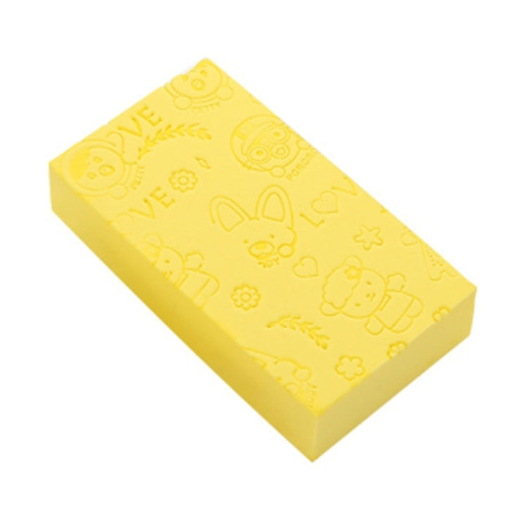 Yellow square bath sponge with embossed cute animal and love icons