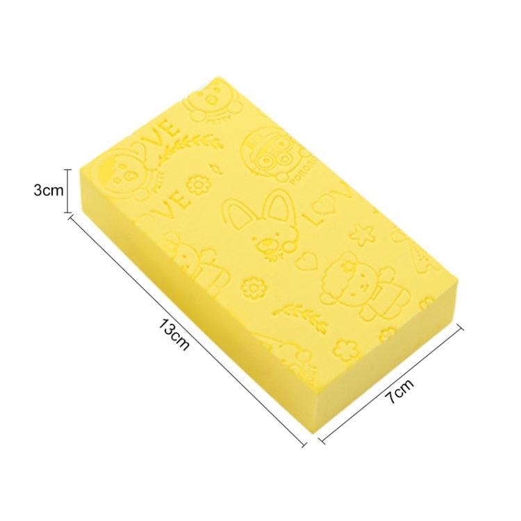 Yellow square bath sponge, 13 x 7 x 3 cm, embossed love and animal icons