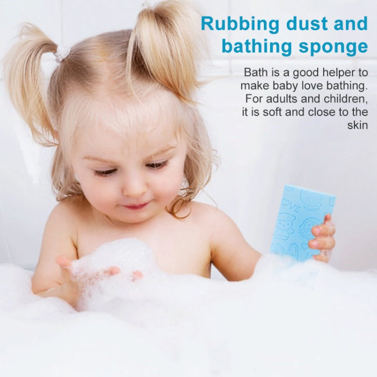 Baby bath sponge in use on child's skin, with embossed animal and love pattern