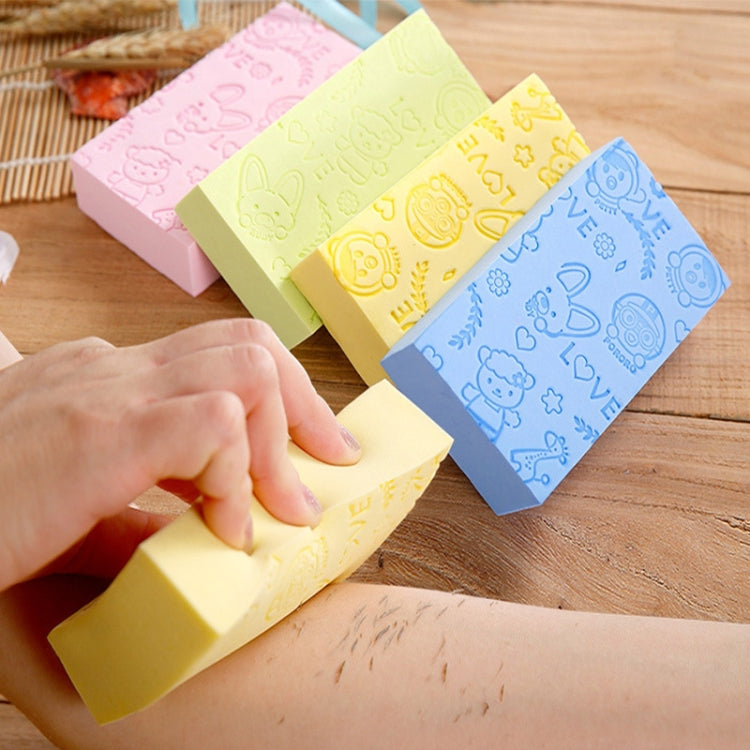 Set of pastel bath sponges (pink, yellow, green, blue) with embossed animal and love icons
