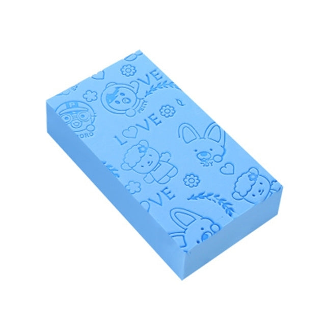 Blue square bath sponge with embossed animal and love icons