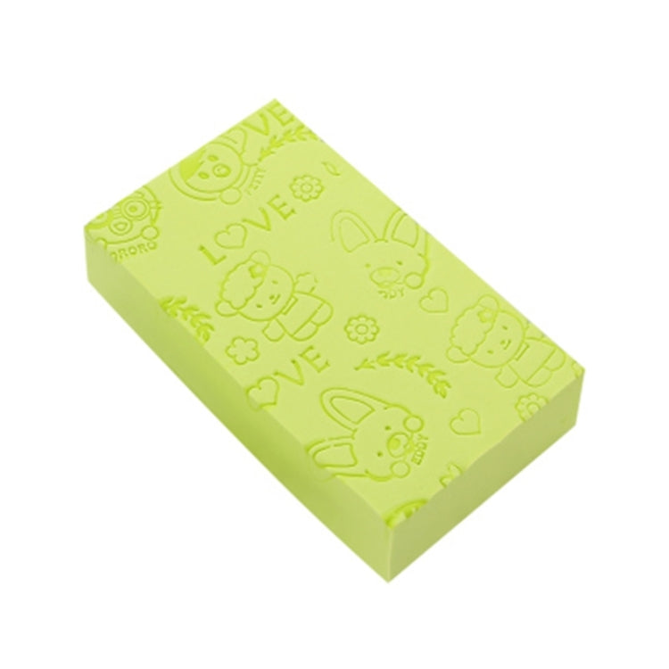 Green square bath sponge with embossed animal and love icons
