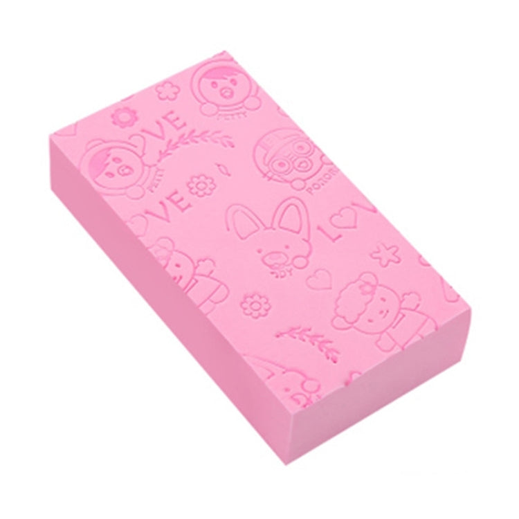 Pink square bath sponge with embossed animal and love icons