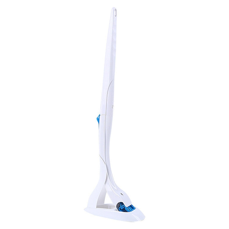 Disposable toilet brush with standing base and blue scrubbing tip on white handle