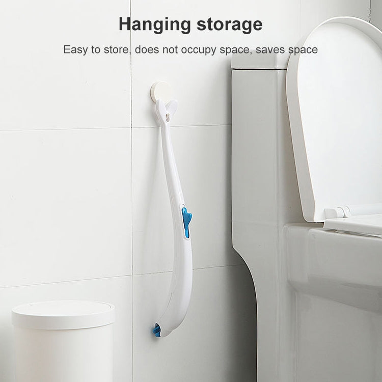 Disposable toilet brush with hanging hook and blue scrubbing head