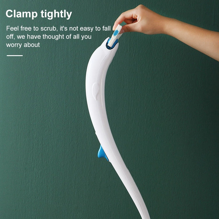 Disposable toilet brush with blue scrubbing head, clamped securely on white handle