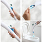 Disposable toilet brush with blue bristle head, cleaning angles shown on toilet bowl