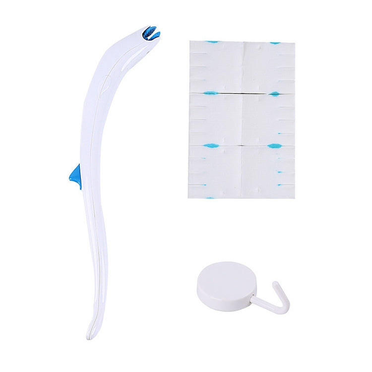 Toilet brush with white curved handle and blue bristle head, plus round replacement core