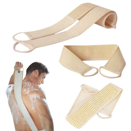 Beige loofah exfoliating back scrub sponge with looped strap handles