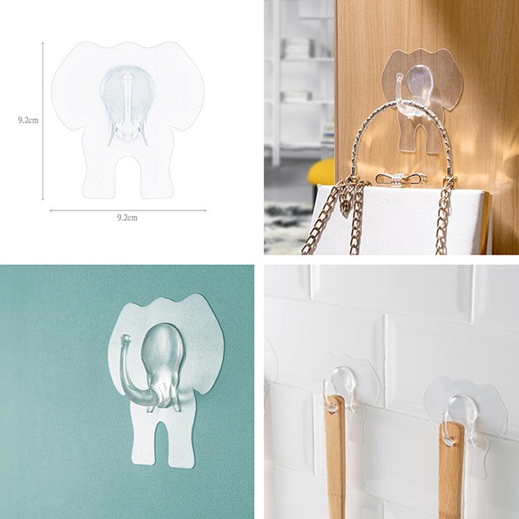 Elephant hook size diagram and mounted use on wood and white tile walls