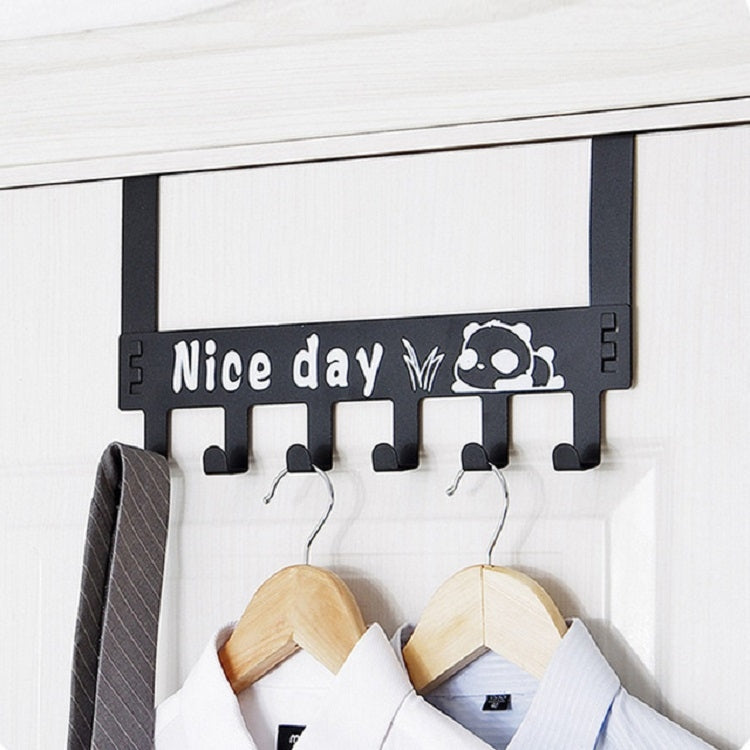 Black wall-mounted door back coat hanger with panda “Nice day” and 6 hooks for coats