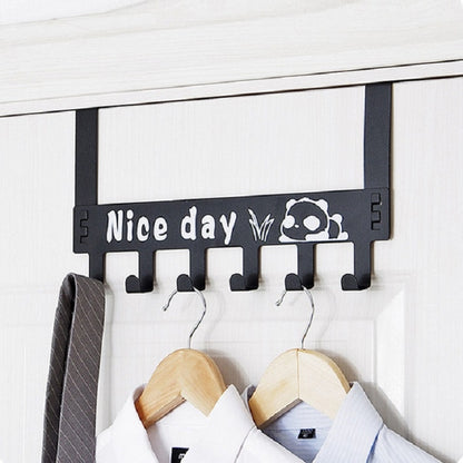 Black wall-mounted door back coat hanger with panda “Nice day” and 6 hooks for coats