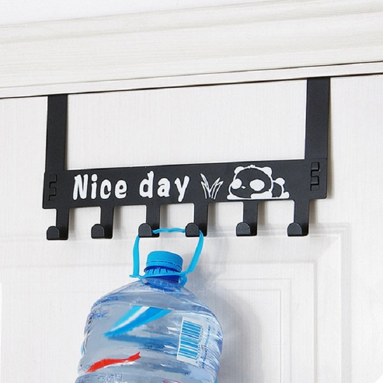 Black wall-mounted door back coat hanger with panda “Nice day” design and 6 hooks