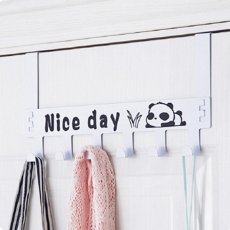 White wall-mounted door back coat hanger with panda “Nice day” and 6 hooks for hanging