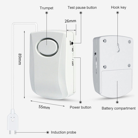White water-leakage alarm detector with labeled buttons, battery compartment, probe.