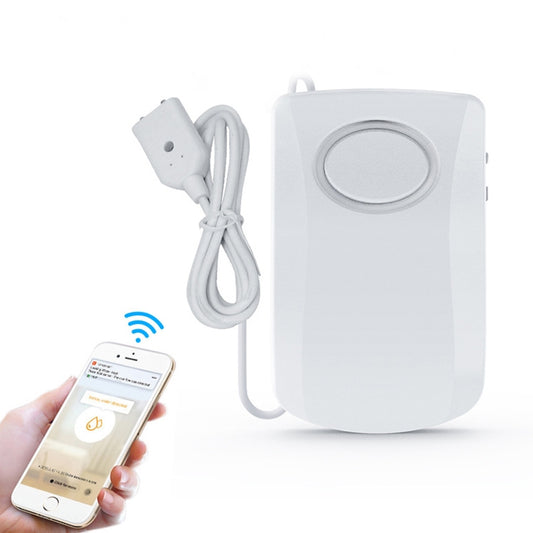 White water-leakage alarm detector with cable sensor and smartphone app control.