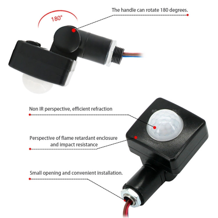 Black PIR motion sensor wall spotlight switch with rotatable handle and detector lens