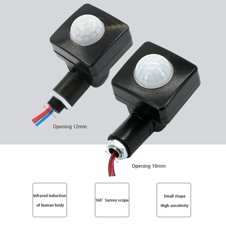 Black dual-size PIR motion sensor switch showing 10mm and 12mm openings