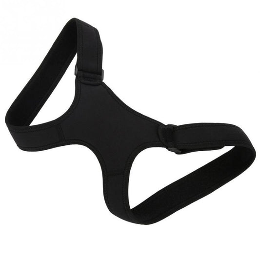 Black posture support belt with front cross panel and adjustable shoulder strap