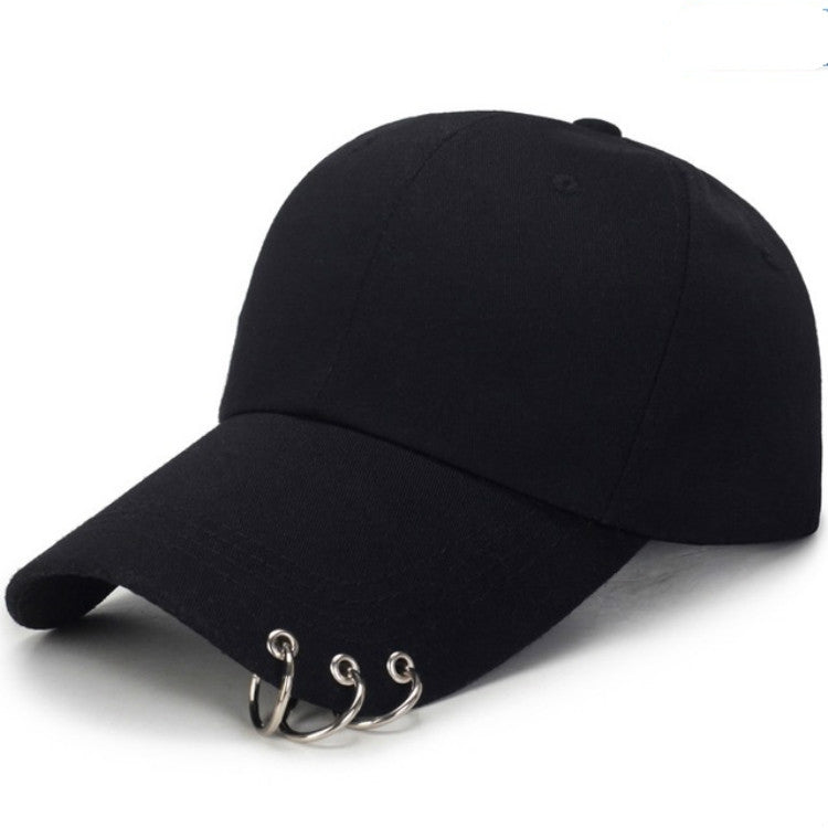 Black unisex baseball cap with curved brim and front metal ring hardware