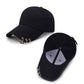Black unisex baseball cap showing front and back with metal ring strap